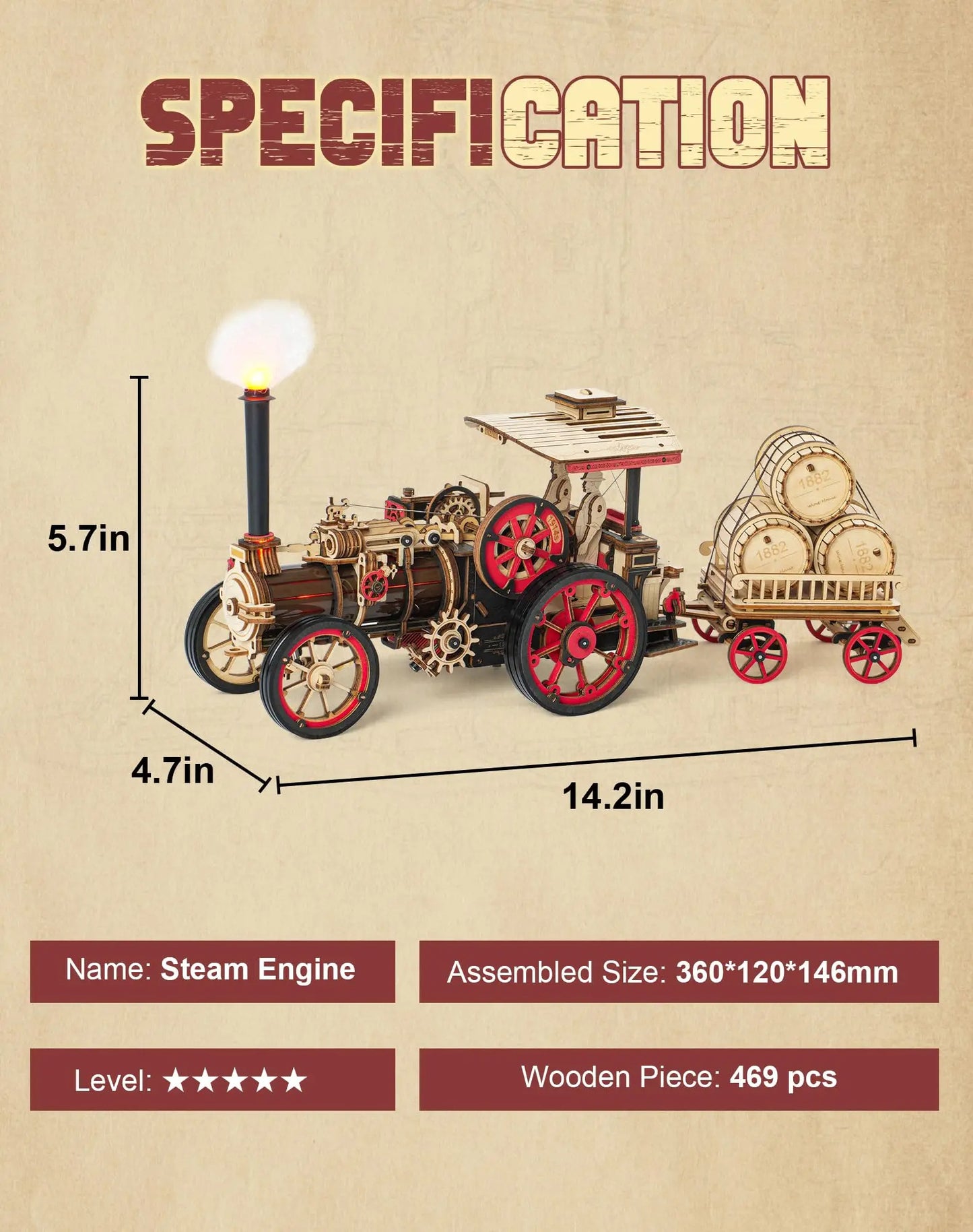 CraftAura Steam Engine Mechanical 3D Wooden Puzzle LKA01 (Battery powered)