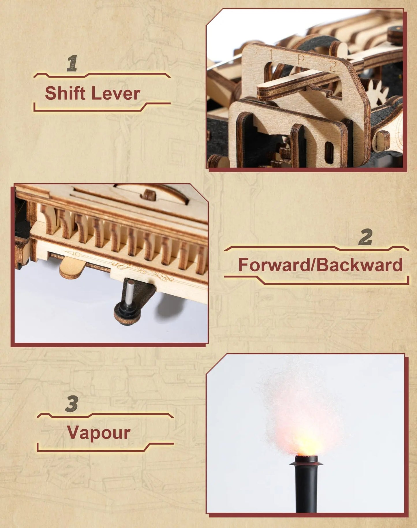 CraftAura Steam Engine Mechanical 3D Wooden Puzzle LKA01 (Battery powered)