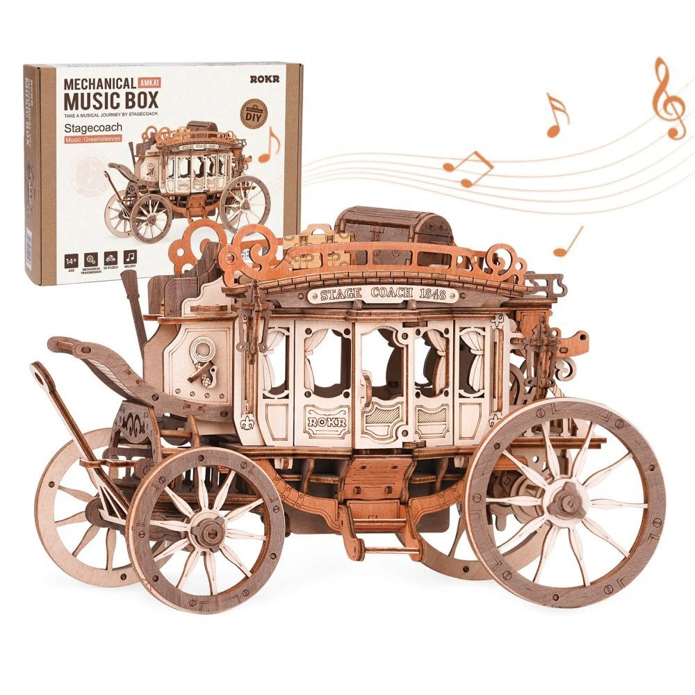 CraftAura Stagecoach Mechanical Music Box 3D Wooden Puzzle AMKA1