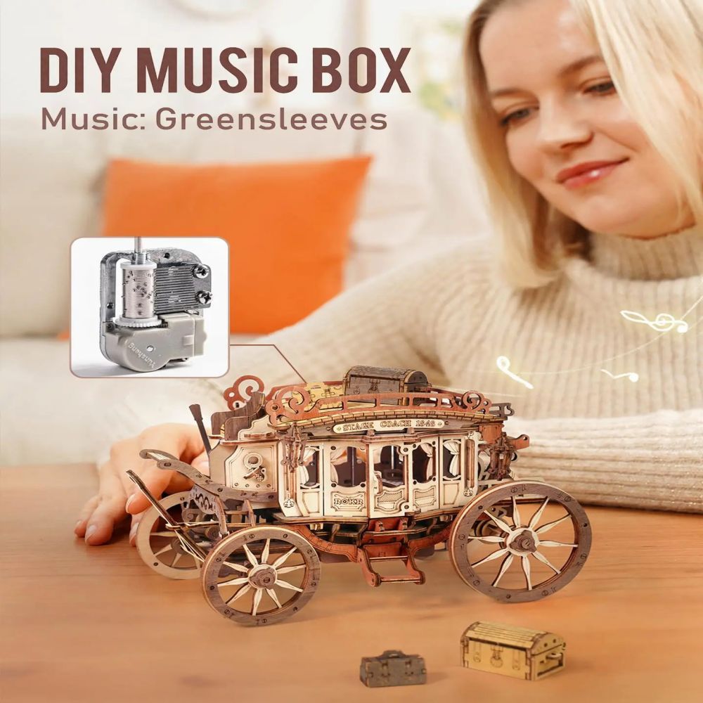 CraftAura Stagecoach Mechanical Music Box 3D Wooden Puzzle AMKA1