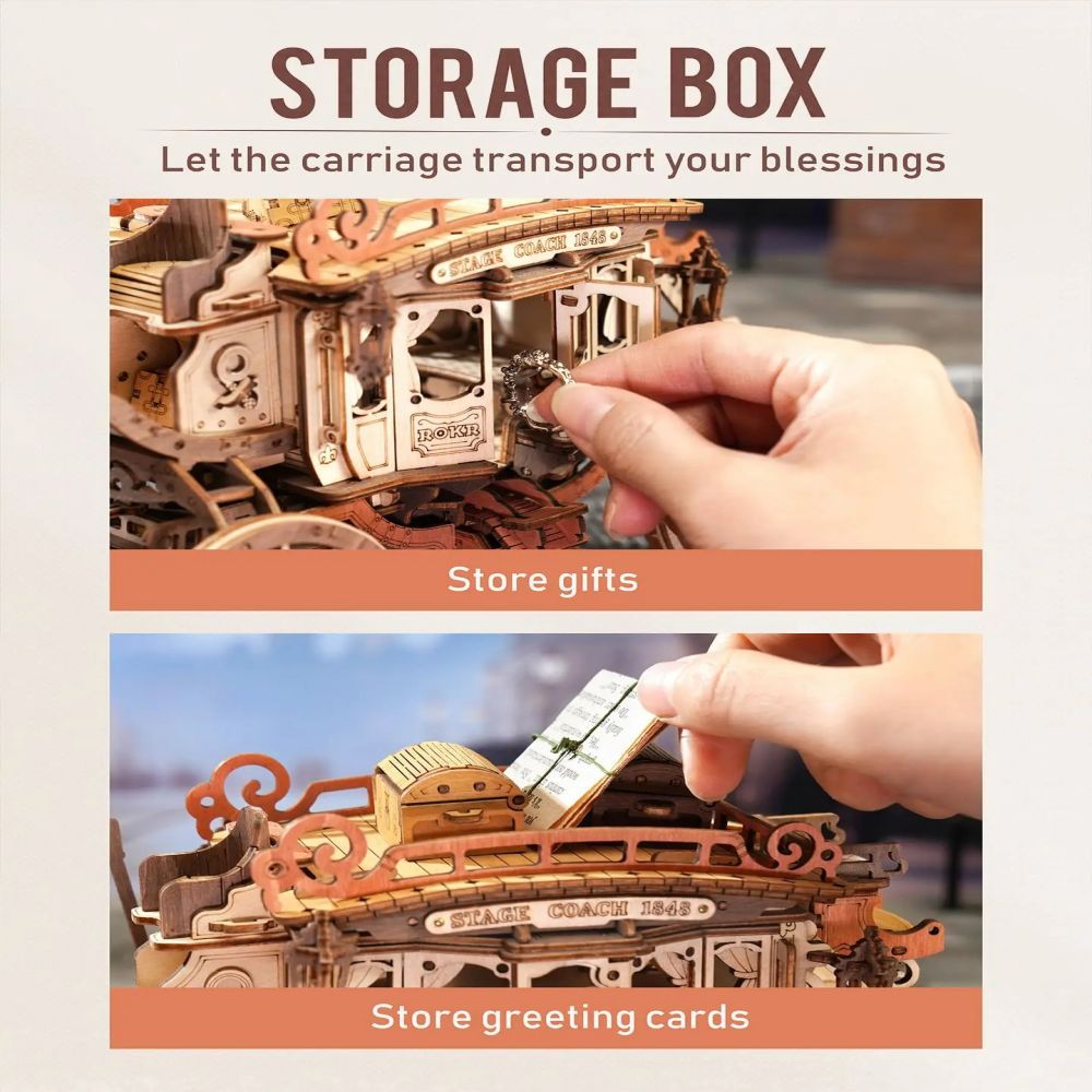 CraftAura Stagecoach Mechanical Music Box 3D Wooden Puzzle AMKA1
