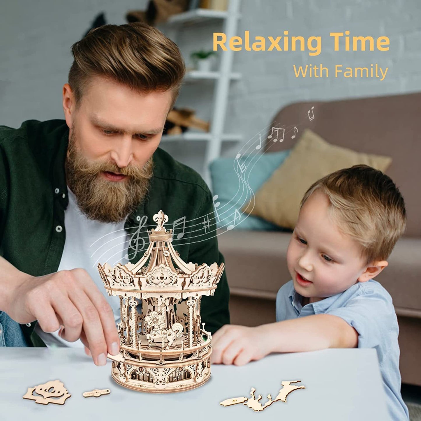 CraftAura Romantic Carousel Mechanical Music Box 3D Wooden Puzzle AMK62