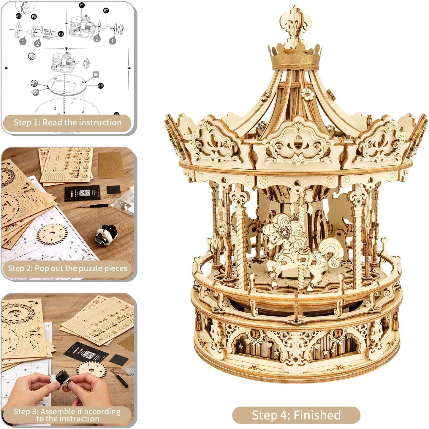 CraftAura Romantic Carousel Mechanical Music Box 3D Wooden Puzzle AMK62