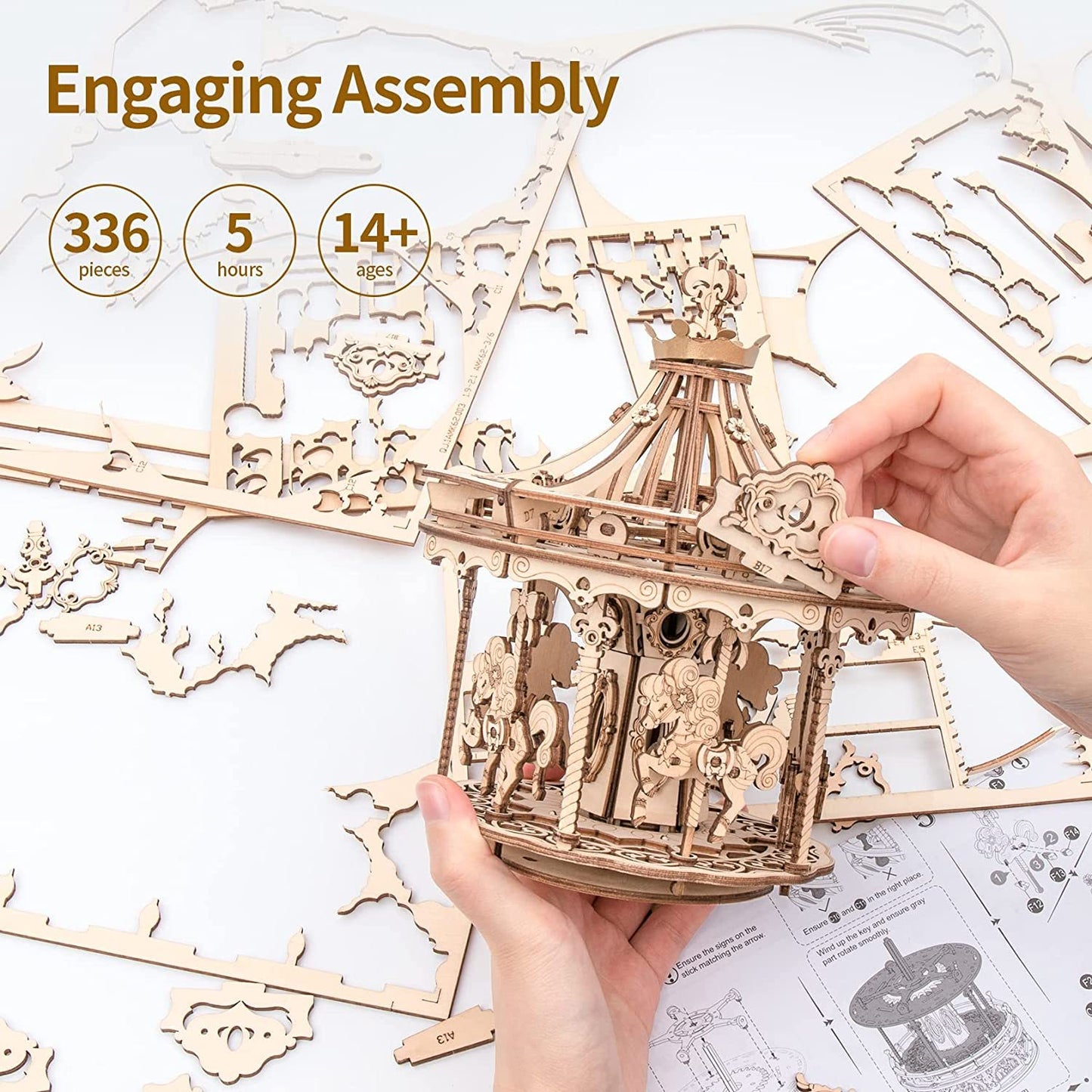 CraftAura Romantic Carousel Mechanical Music Box 3D Wooden Puzzle AMK62