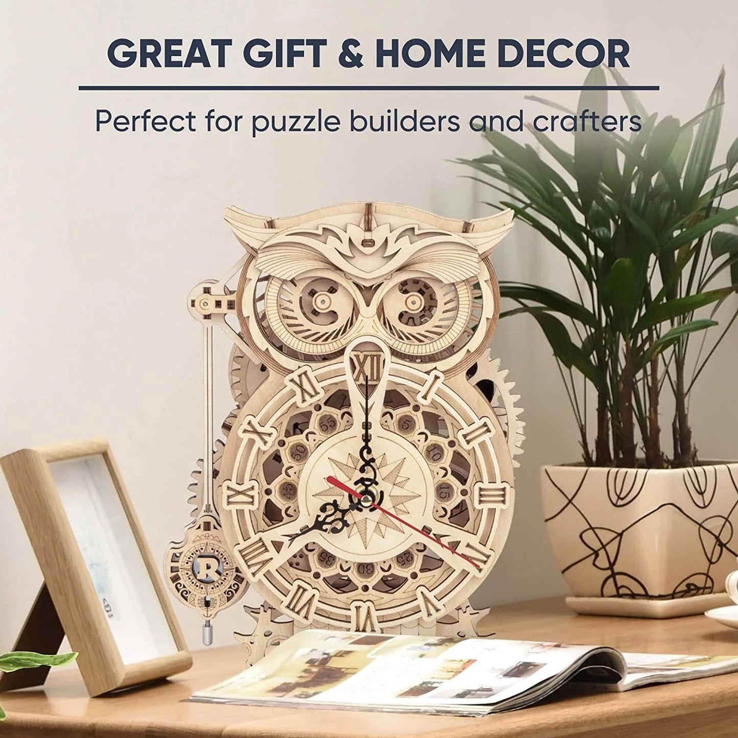 CraftAura Owl Clock Mechanical Gears 3D Wooden Puzzle LK503