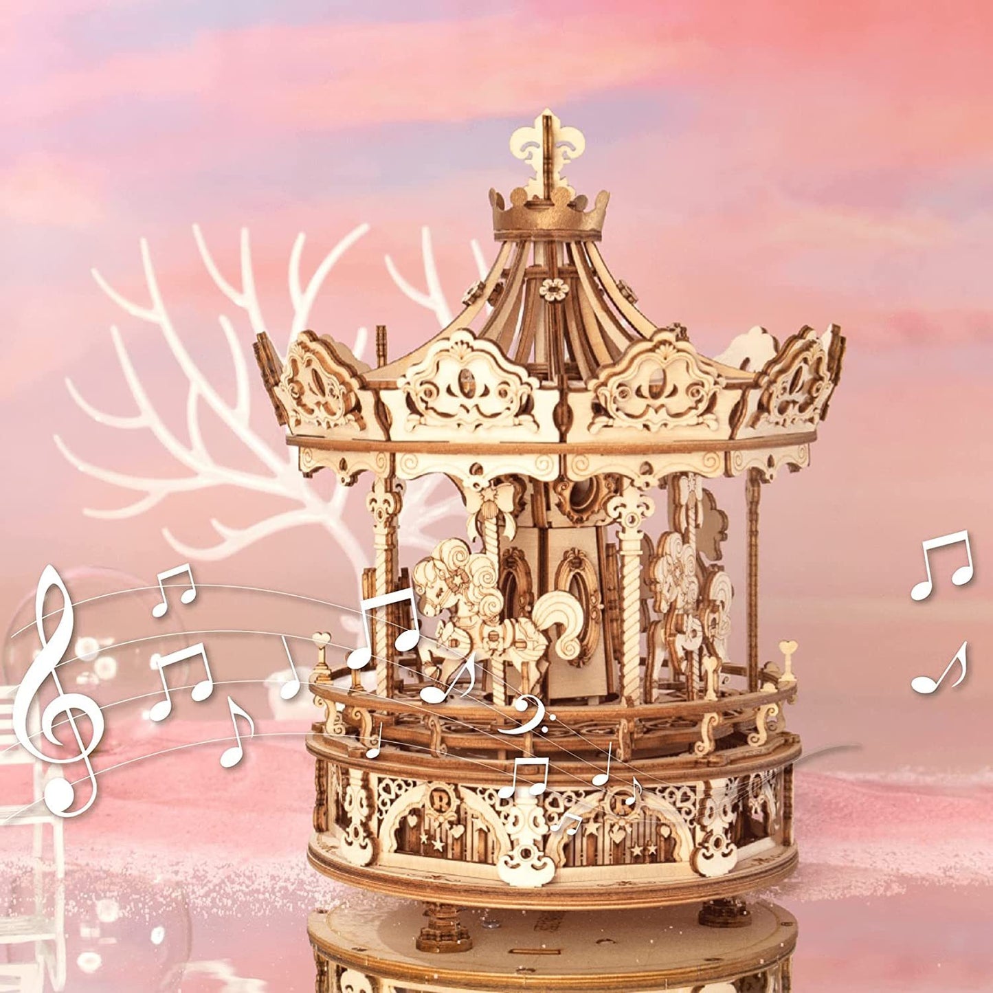 CraftAura Romantic Carousel Mechanical Music Box 3D Wooden Puzzle AMK62