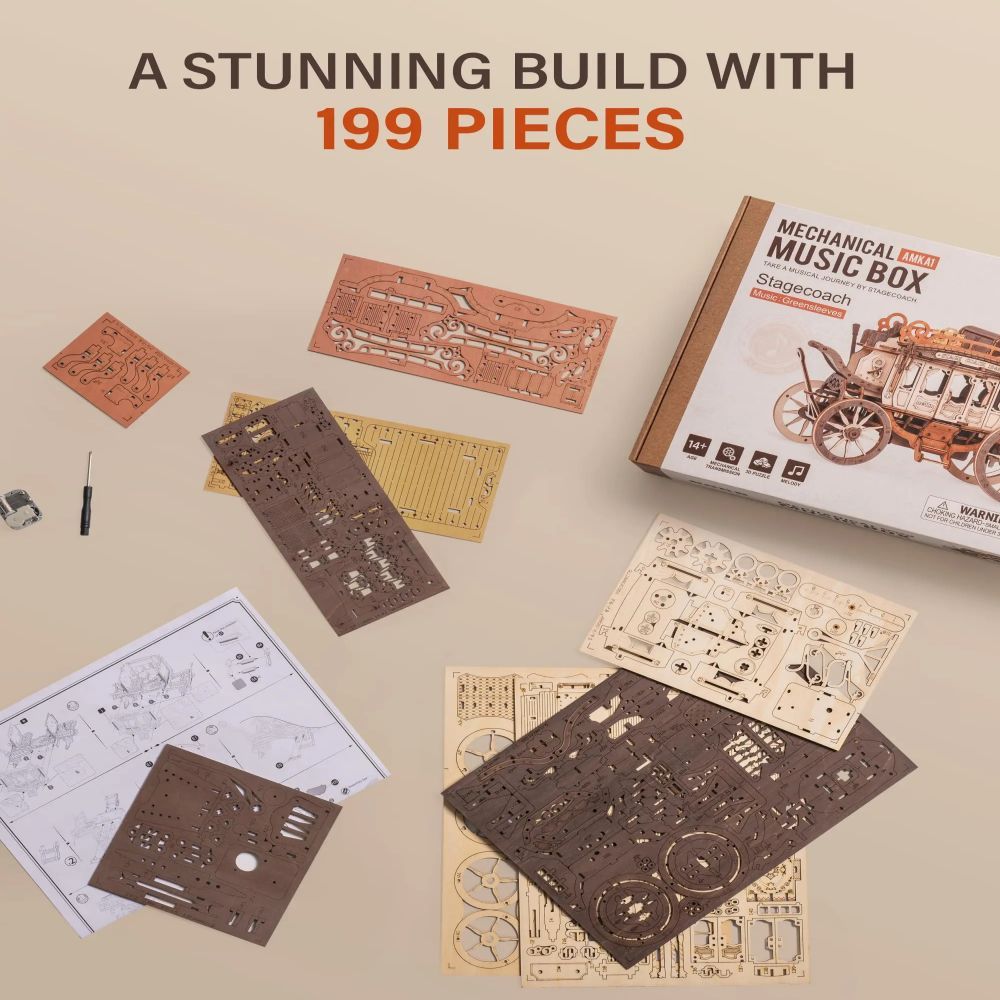 CraftAura Stagecoach Mechanical Music Box 3D Wooden Puzzle AMKA1