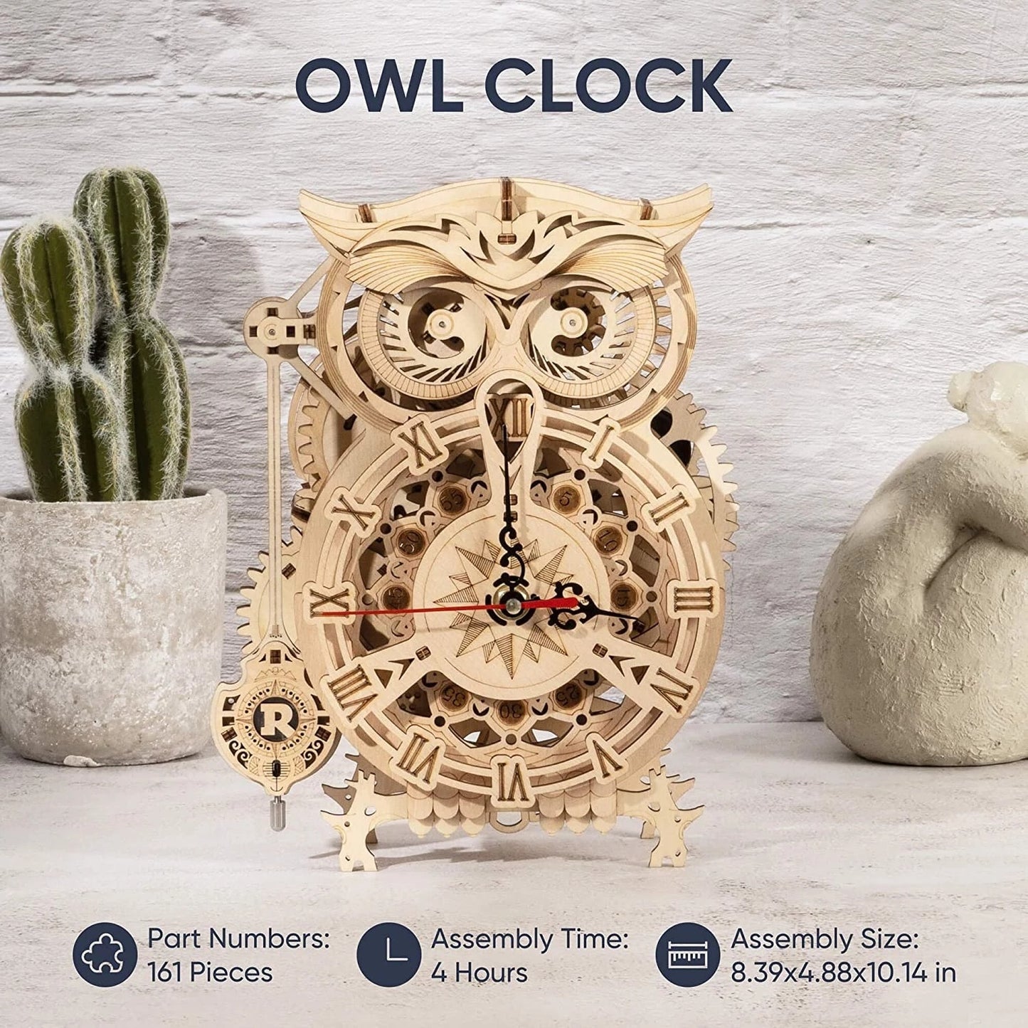 CraftAura Owl Clock Mechanical Gears 3D Wooden Puzzle LK503