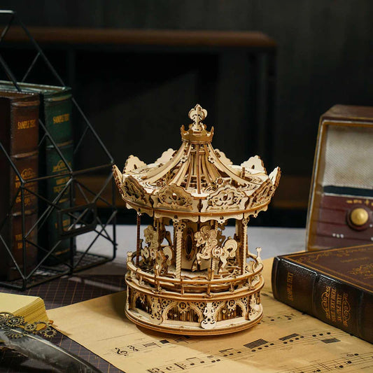 CraftAura Romantic Carousel Mechanical Music Box 3D Wooden Puzzle AMK62